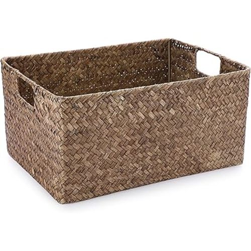 Hipiwe Seagrass Storage Opened Baskets Bin for Shelf Organizing Handwoven Wicker Baskets Rectangular Decorative Basket Closet Bedroom Organizer Bin Box Multipurpose Storage Basket with Handle