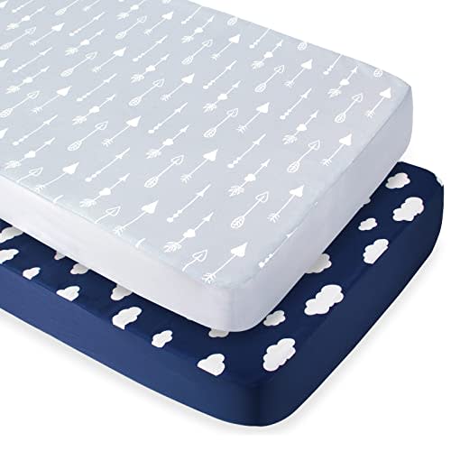 Biloban Crib Sheets for Boys 2 Pack, Fitted Crib Sheet for Standard Crib Mattress, Cozy Toddler Sheets for Boys,Machine Washable, Navy Cloud and Grey Arrowhead