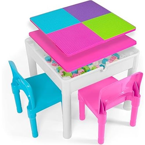 Play Platoon Kids Table and Chairs Set, Toddler 5 in 1 Pastel Activity Table - Sensory, Water, Art, Picnic, Blocks with Storage for Girls Ages 2 to 8 - with Pink and Blue Chairs