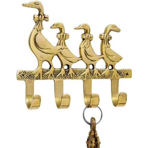 Indian Shelf Vintage Brass Mother & Baby Geese Key Holder Wall Hooks, Gold