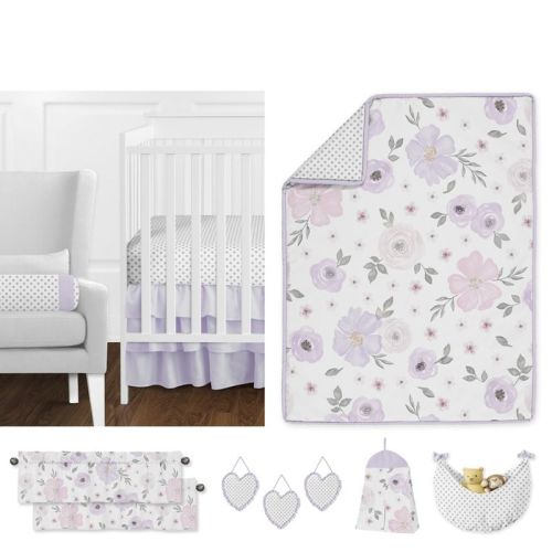Sweet Jojo Designs Girl Baby Crib Bedding Set - Watercolor Floral Collection Lavender Purple And Grey 11pc