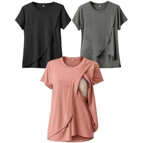 Rnxrbb Summer Nursing Tops for Breastfeeding T Shirts Short Sleeve Postpartum Clothes Sets 3 Pack Double Layer