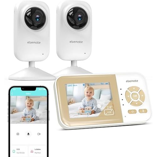 ebemate Video Baby Monitor 2 Camera | 2.8" LCD | 1200FT | Temp & Feeding Alert | No-Glow Night Vision | 2-Way Audio EBE29-2