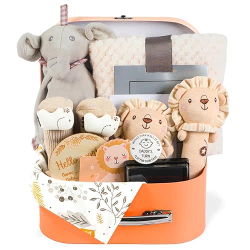 11 Pcs Baby Shower Gifts Basket for Newborns Baby Boy Gender Neutral Baby Gift Set with Baby Blanket Rattle, Milestone Security Blanket Decision Coin & Towels Socks Essentials for Baby Boys Girls