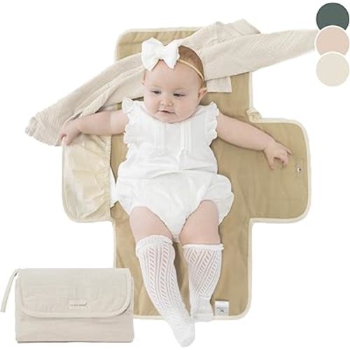 Toddlekind Mini Maven Portable Changing Pad – Organic Cotton & Water-Resistant Polyester – Travel-Friendly, Foldable Change Mat – Tofu Beige Stripes with Wave Stitching – Chic, Durable, Easy to Clean