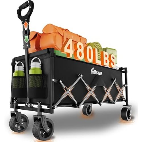 InBrave Extra Long Collapsible Wagon Cart, 480LBS Heavy Duty Utility Wagons with All-Terrain Wheels, Foldable Grocery Carts for Gardening, Shopping, Beach, Camping, Black