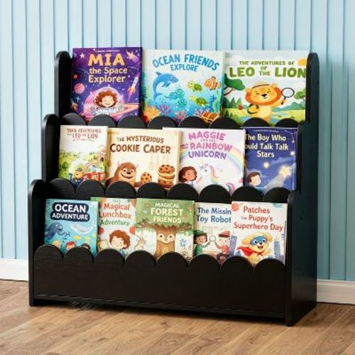 SpaceAid 3-Tier Scalloped Wooden Bookshelf – Montessori-Style Book Display for Kids’ Rooms, Playrooms & Classrooms, Black