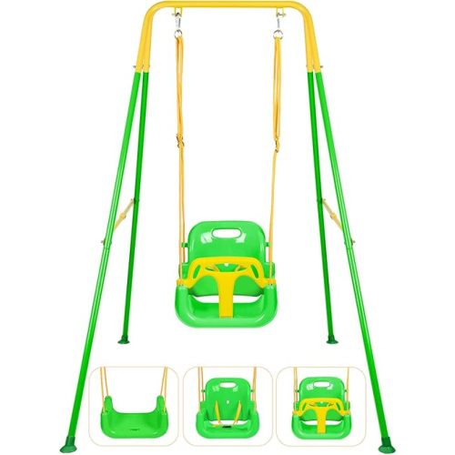 3-in-1 Toddler Swing Set, Indoor & Outdoor Baby Swing Heavy Duty Swing Set with Foldable Metal Stand for Aged 6 Months to 10 Years Old, Easy to Assemble and Store (Green)