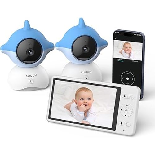 WUUK Video Baby Monitor, 5.5'' Baby Monitor with 2 Cameras, 360 PTZ Color Display with 135° Wider Viewing Angle, Night Vision, 1000ft Long Range, 2K Baby Camera with App, One-Touch Call, White Noise