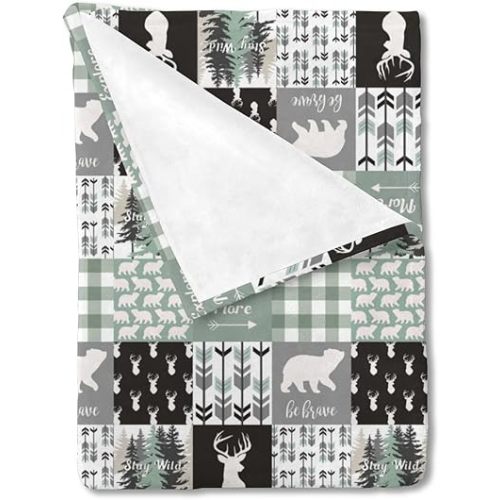 HawSkgFub Woodland Animal Bear Deer Arrow Baby Blanket Boy Gift, Teal Blue Plaid Patchwork Explore Be Brave Stay Wild Flannel Fleece Nursery Bed Blankets Soft Newborn Infant Toddler Crib Bedding 30x40