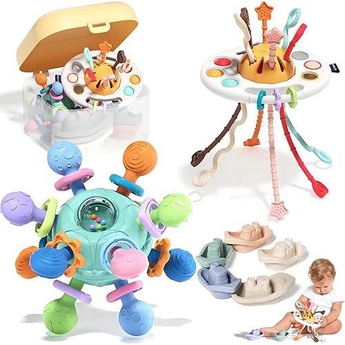 3-IN-1 Montessori Toys for Babies 6-12 Months, Silicone Pull String Baby Teething Toys, Storage Box, Baby Sensory Toys, Baby Rattle Chew Toys, Baby toys, Stackable Bath Boats Toy for Infants Toddlers