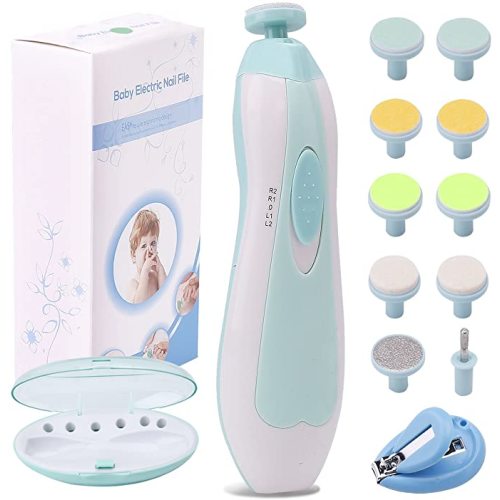 Baby Nail Trimmer Electric Nail File Baby Nail Clippers, Safe Nail Filer Grinder Kit for Newborn Infant Toddler Kids or Adults Toes Fingernails Care Trim Polish, with Led Light and 10 Grinding Heads - White/Teal