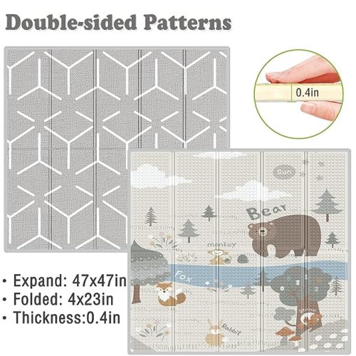 Fodoss Baby Play Mat, 47x47inch Play Mat, 0.4 in Thick Waterproof Playmat for Babies, Foldable Play Mat for Small Baby Playpen, Small Spaces - Gray