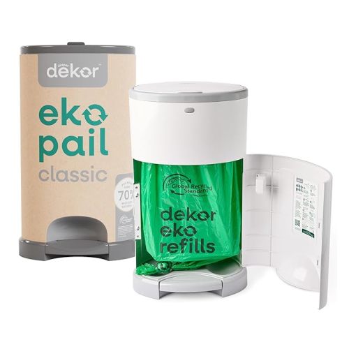 Diaper Dekor EKO Classic Diaper Pail, White | ONLY Eco-Friendly Diaper Pail Made with 70% Recycled Materials | Hands-Free: Step–Drop–Done | Cost-Effective Refill System