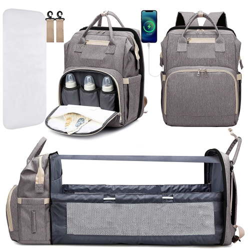 KABAQOO Newborn Multifunction Diaper Backpack with USB Port, Waterproof, Portable Changing Station, Gray