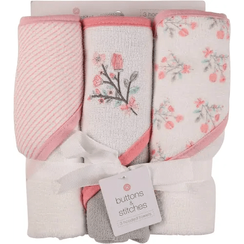 Buttons and Stitches Baby Infant 3 Pack Hooded Towel