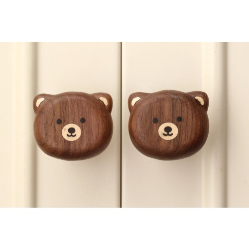 Walnut Bear Face Cabinet Knobs, Cute Wooden Bear Drawer Pulls, Nursery & Kids Room Furniture Hardware, Animal Themed Decor