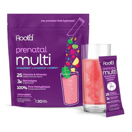 Root'd Prenatal Multivitamin Powder - 25 Vitamins & Minerals with 3x Electrolytes, Folate, Iron, D3 for Mom & Baby, 7 Superfood & Probiotics, Sugar-Free Vitamins & Hydration | 30 Vitamin Drink Packets