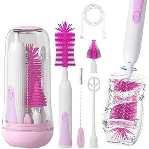 Electric Baby Bottle Brush Set, Portable Electric Bottle Brush Cleaner with Replaceable Silicone Bottle Brushes,Nipple and Straw Brush, Travel Bottle Brush Set with Drainage Rack and Storage Box