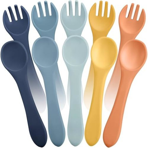 10 Pieces Baby Led Weaning Spoons and Forks Set Infant Silicone Spoon First Self Feed Baby training Utensils for Toddler First Stage Feeding Supplies for Kids Over 6 Months, 5 Pairs (Bright Colors) - Vibrant Colors