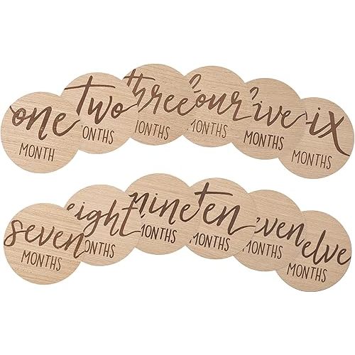 Kate & Milo Baby Monthly Milestone Marker Discs - Classic Cursive Script Wooden Discs with Reversible Photo Props for Baby Announcement and Milestones, Gender-Neutral Gift for Newborn Boy and Girl