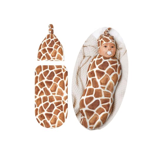 Giraffe Print Baby Stuff Swaddle Blanket Hat Set for Boys Girls, Soft Funny Animal Skin Newborn Sleeping Sack Receiving Blanket Shower Gift