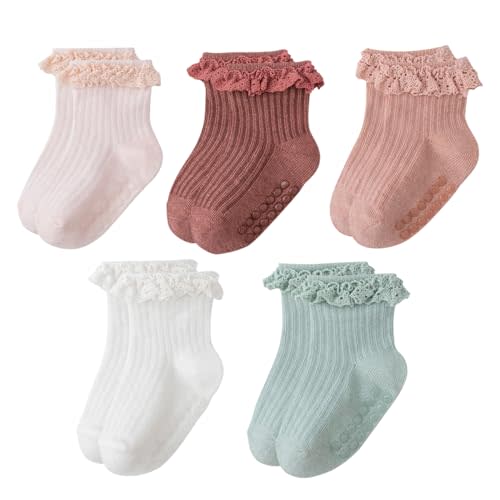 Meeshine Baby Toddler Girls Anti Slip Ruffle Socks with Grips Newborn Infant Cotton Non Skid Frilly Dress Socks, 5 Packs