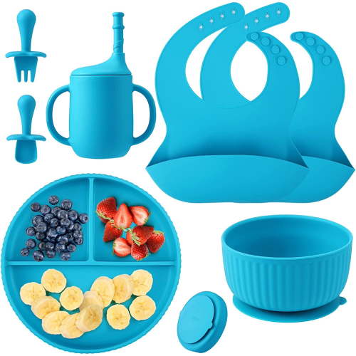 AYAOQIANG Soft Silicone Baby Feeding Set, Baby Led Weaning Set Infant Self Eating Utensil Set 7pcs Gray Blue