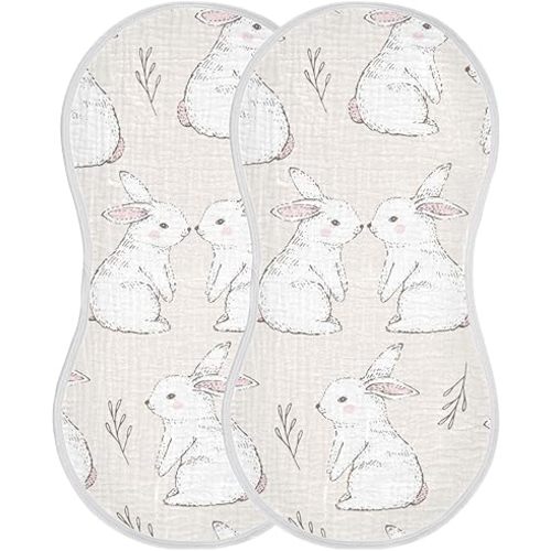 White Bunny Rabbits Pattern Muslin Burp Cloths for Baby 2 Pack 100% Cotton Baby Washcloths Bibs for Boy Girl
