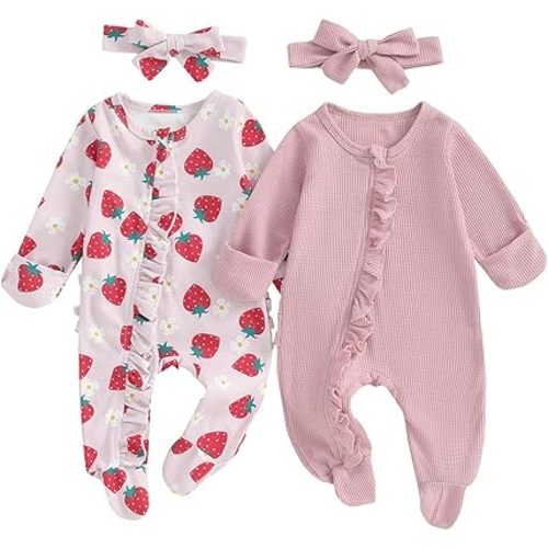 Merqwadd Baby Girl Footies Newborn Zipper Sleeper 2 Pack Ruffle Pajamas Romper Coming Home Outfit