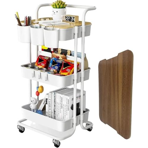 3 Tier Rolling Cart with Metal Handle, Table Top, Hanging Cups, Hooks, Plastic Storage Baskets& Wheels Lockable, Utility Cart for Bathroom Classroom Office Kitchen Pantry Organizers and Storage, White