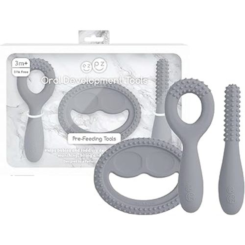 ezpz Oral Development Tools - 3 Months+ (3 Pack in Gray) - Non-Slip Loop, Smile and Stick, 100% Silicone Tools to Practice Feeding + Chewing - Sensory Bumps - Dishwasher Safe