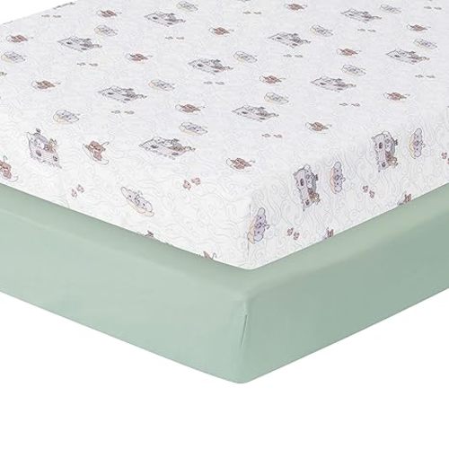 Precious Moments Noah’s Ark Fitted Crib Sheet 2 Pack for Baby Boy by Everyday Kids; 1 Animals on the Ark Printed Crib Sheet and 1 Solid Bright Green; Adorable Wildlife Elephants, Giraffes, Bears Print