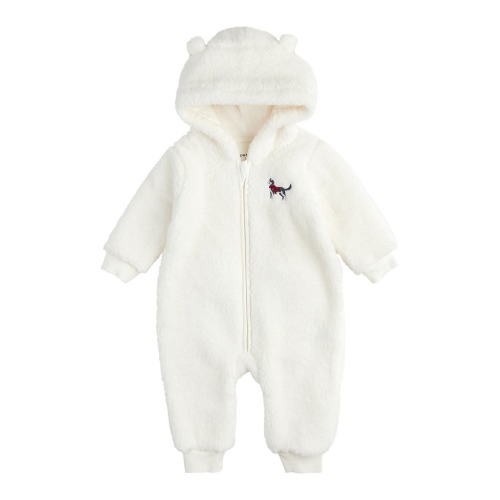 Husky Pup Appliqué Hooded Fleece Romper, 9-12M