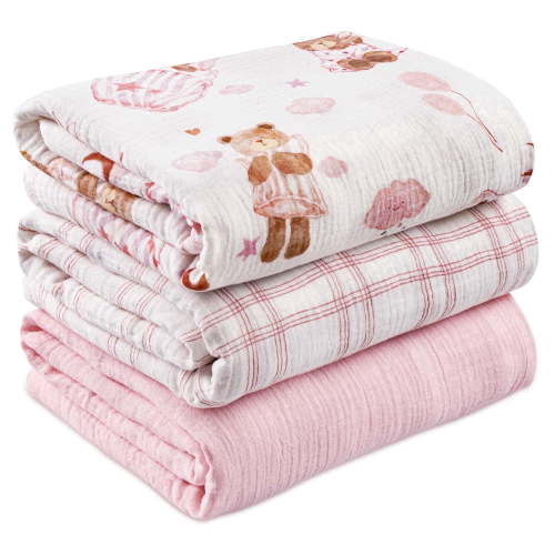 Gllquen Baby 3-Pack Muslin Organic Cotton Swaddle Blankets for Newborn Infant Boys Girls 38"x40", Little Bear