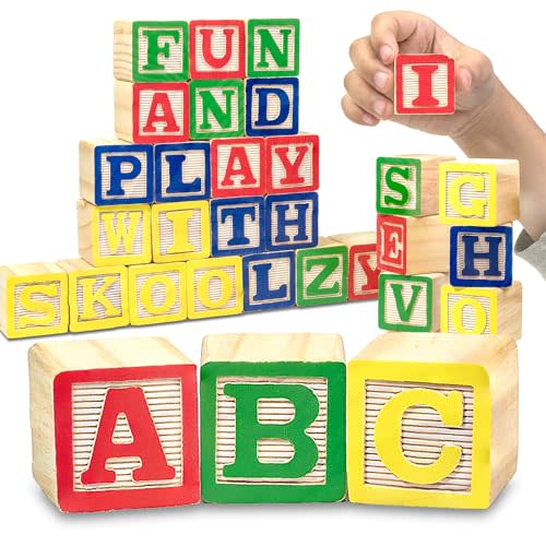 Skoolzy Wooden Alphabet Blocks - 26 ABC Wooden Blocks for Toddlers - Wood Alphabet Stacking Toys - Alphabet Learning Toys Ages 2 +