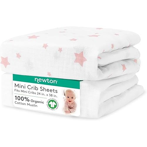 Newton Baby Fitted Mini Crib Sheets (2-Pack) | Organic Muslin Cotton, Breathable & Soft Baby Sheets, Washable Baby Mattress Sheets, Fits Mini Crib Mattresses 24" x 38", Stardust Coral & Plain White