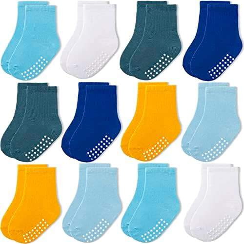 JAKIDAR 12 Pack Baby Toddler Socks Non Slip Grip Cotton Crew Socks for Boys Girls Infants Kids