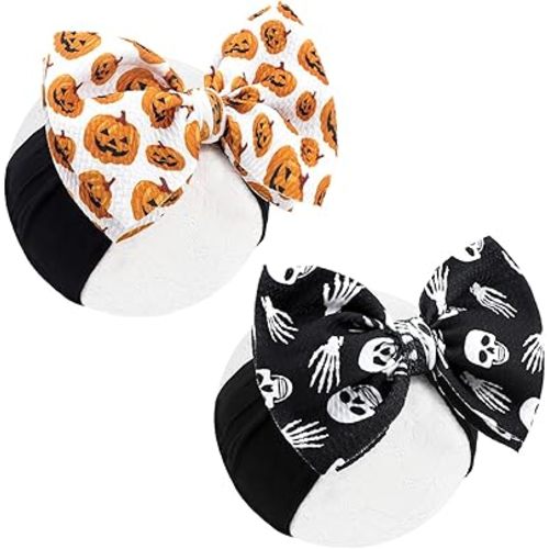 YanJie Halloween Hair Bows Baby Girls Headbands Pumpkin Accessories Black Ghost Printed Baby Bows Newborn Bows Nylon Hair Bows Toddler Headband