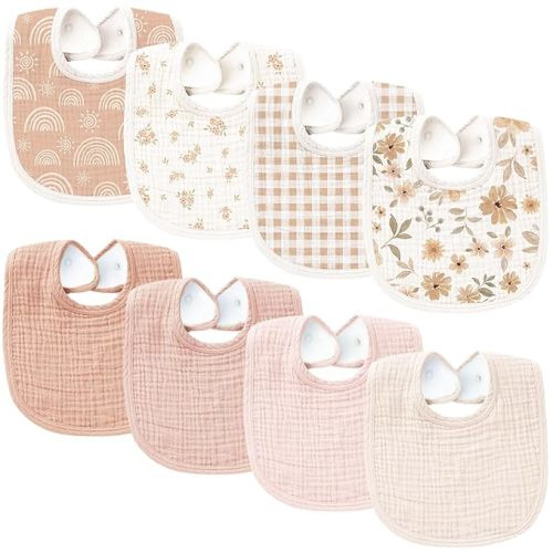 Konssy Muslin Baby Bibs 8 Pack Baby Bandana Drool Bibs Cotton for Unisex Boys Girls, 8 Solid Colors Set for Teething and Drooling - Melon