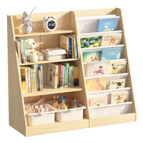 HedoAjim 4 Tier Kids Bookshelf Baby Toddler Book Rack Children Bookcase Toy Storage Organizer with 6 Sling Adjustable Shelf for Nursery Playroom Classroom Library Bedroom Natural Wood