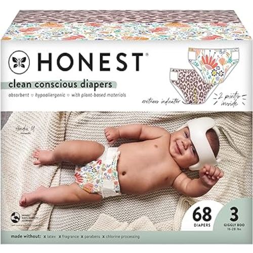 The Honest Company Clean Conscious Diapers | Plant-Based, Sustainable | Wild Thang + Flower Power | Club Box, Size 3 (16-28 lbs), 68 Count