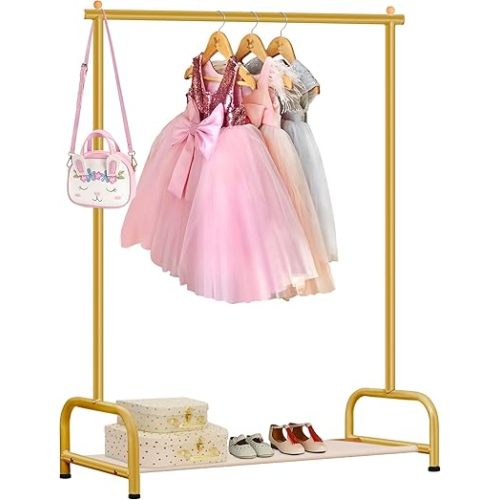 SLEEPING LAMB Baby Clothing Rack, Small Kids Clothes Rack with Bottom Storage Shelf, Child Clothes Hanger Rack for Coats, Metal Dance Costume Garment Rack for Hanging Clothes, Gold