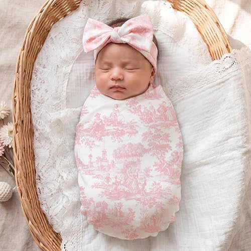 Cuffbow Baby Newborn Girl Receiving Blanket with Bow Headband Pink Toile De Jouy Swaddle Blanket for Girls Cute Baby Blankets Soft Nursery Swaddle