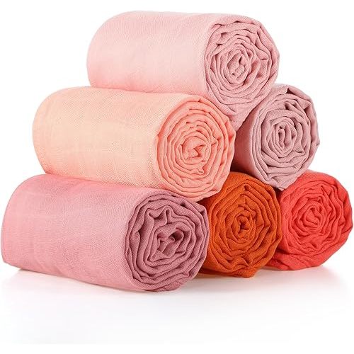 Preboun 6 Pcs Muslin Swaddle Blankets Breathable Cotton Newborn Blankets Colorful Baby Swaddle Receiving Blankets Soft Cotton Baby Blanket Registry Essentials Gift for Unisex Boy Girl(Pink Series)