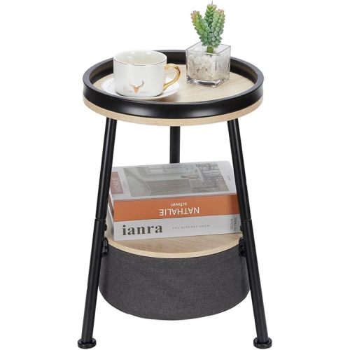 Small Round End Table, 2 Tier Round Side Table with Storage Basket,11.8”D*17.8”H Small Round Table,Sofa Side Table,Small Round Nightstand for Living Room Bedroom