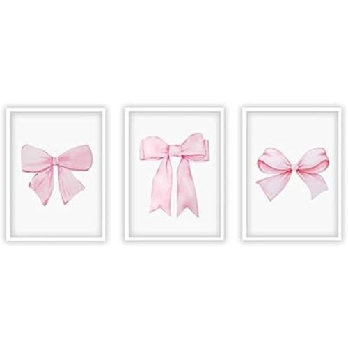Pink Nursery Wall Art Prints Baby Girl Pastel Poster Pink Bow Print Preppy Wall Art College Apartment Decor, Preppy Poster for Girls Baby Kids Room Decor,Set of 3 (Frameless,12x16in)