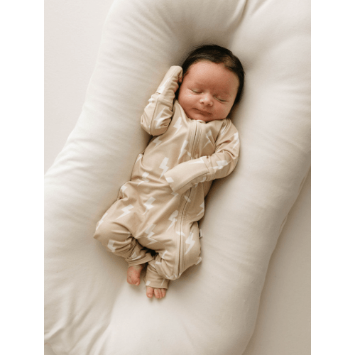 Forever French Bamboo Zip Romper - Tan Lightning Bolt
