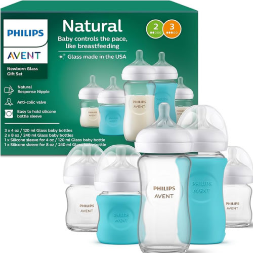 Philips Avent Glass Natural Bottle with Natural Response Nipple, Baby Gift Set, SCD858/01