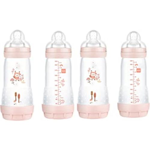 MAM Easy Start Anti-Colic Fast Flow Bottles, 11 oz. (4-Count), Easy Switch Between Breast and Bottle, Reduces Air Bubbles and Colic, 4+ Months, Matte/Girl
